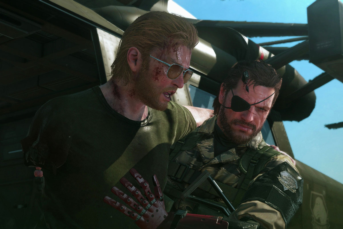 Snake helps Kaz off of a chopper in Metal Gear Solid V: The Phantom Pain